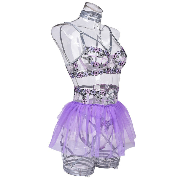 Beautiful Spring Flowers Purple Ruffle Skirt Sheer Sexy Lingerie Set Women