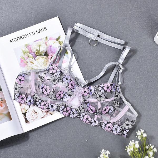 Bras & Bra Sets Beautiful Spring Flowers Purple Ruffle Skirt Sheer Sexy Lingerie Set Women