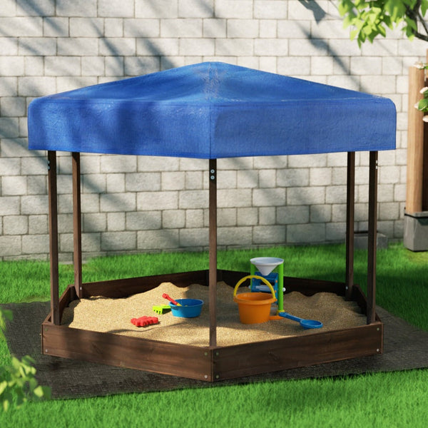 Sandpit Toys Keezi Kids Sandpit Wooden Hexagon Pit With Canopy Outdoor Beach Toys 182Cm