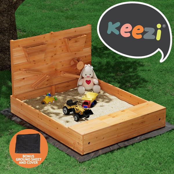 Sandpit Toys Keezi Kids Sandpit Wooden Sandbox Pit With Cover Funnel Outdoor Toys 120Cm