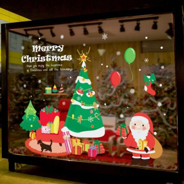 Seasonal Decorations Santa Claus Christmas Tree Glass Door Sticker Background Removable Multi A 60X90cm