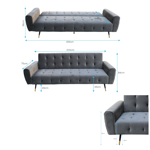 Sarantino Ava 3-Seater Tufted Velvet Sofa Bed By Dark Grey