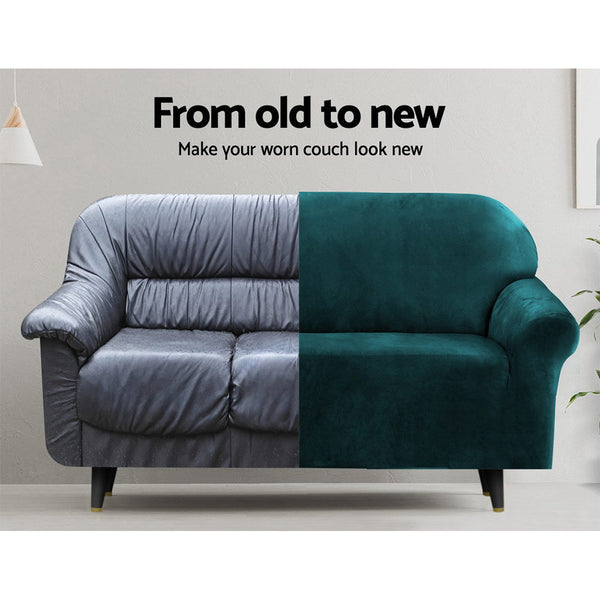 Artiss Velvet Sofa Cover Plush Couch Lounge Slipcover 4 Seater Agate Green