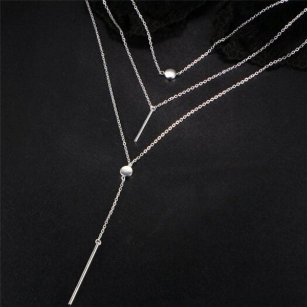 Short Crystal Small Dot Multi Layer Clavicle Sweater Pendant Necklace Silver