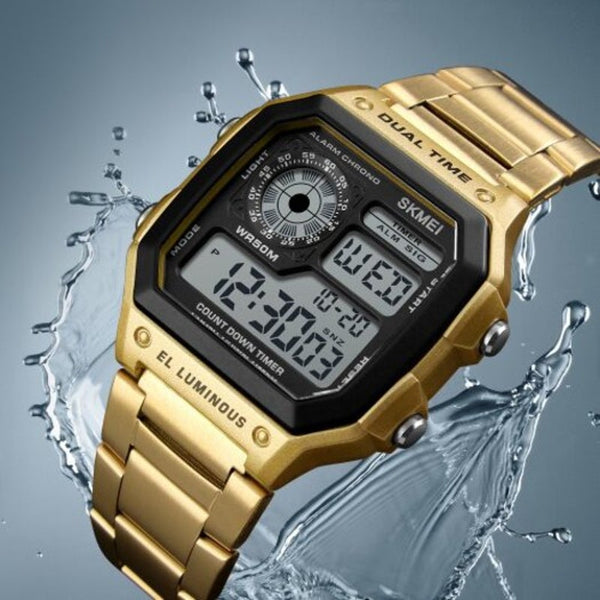 Watches Skmei Men Sportswaterproof Watch Stainless Steel Fashion Digital Wrist Gold