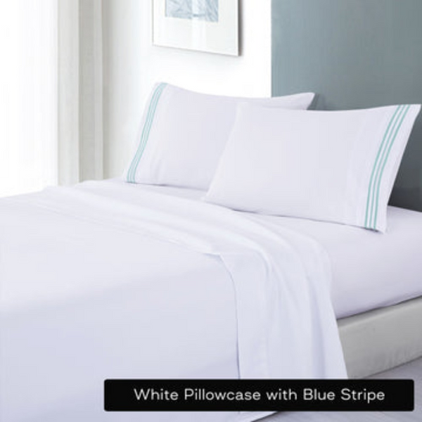 Sheets Soft Microfibre Embroidered Stripe Sheet Set Double White Pillowcase Charcoal