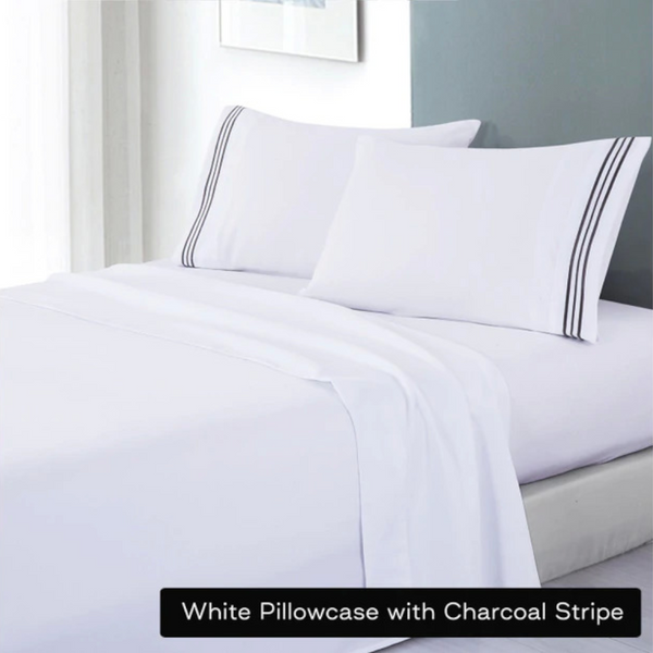 Sheets Soft Microfibre Embroidered Stripe Sheet Set Queen White Pillowcase Charcoal