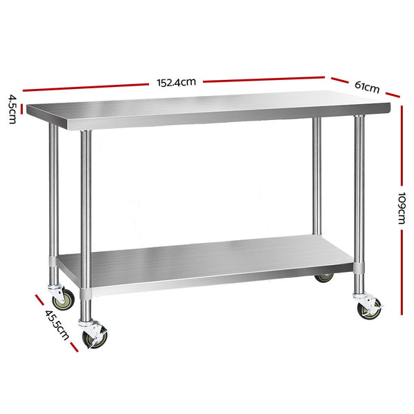 Kitchen Carts Cefito 304 Stainless Steel Kitchen Benches Work Food Prep Table With Wheels 1524Mm X 610Mm