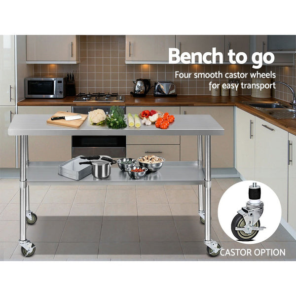 Kitchen Carts Cefito 304 Stainless Steel Kitchen Benches Work Food Prep Table With Wheels 1524Mm X 610Mm