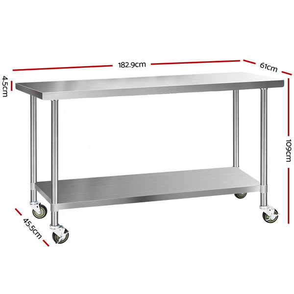 Kitchen Carts Cefito 304 Stainless Steel Kitchen Benches Work Food Prep Table With Wheels 1829Mm X 610Mm