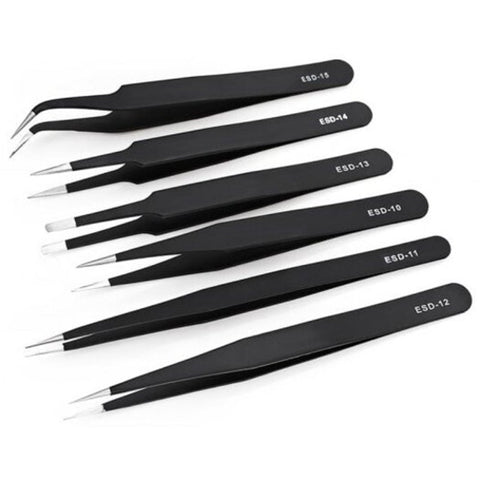 Tweezers Stainless Steel Anti Static 6Pcs Black