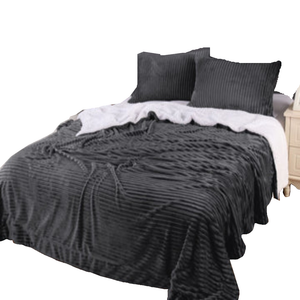 Stripe Flannel Sherpa Blanket Queen Charcoal