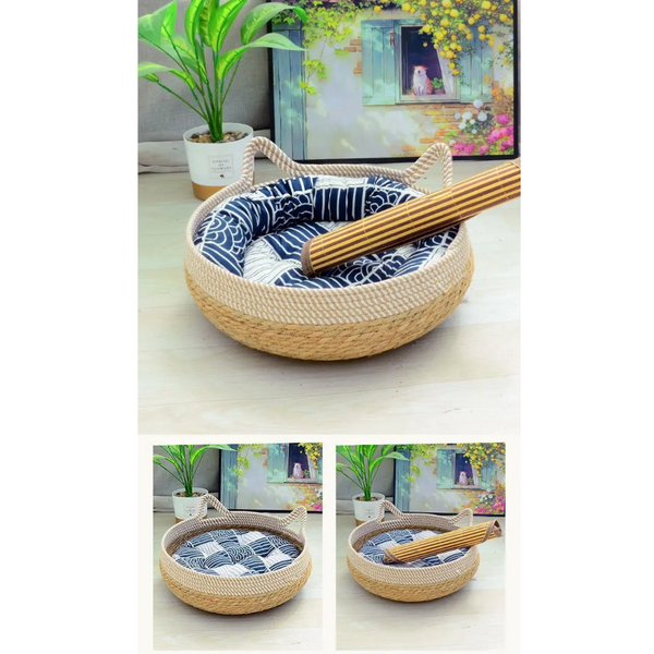 Pet Beds Summer Cat Bed Woven Removable Upholstery Sleeping House Scratch Floor Rattan