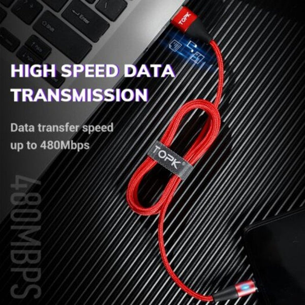Am60 3A Fast Charging Led Magnetic Micro Usb Type Cable For Iphone Xs Max 8 7 Phone Cables Red Mirco 1M