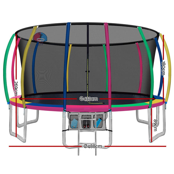 16Ft Round Trampolines With Basketball Hoop Kids Enclosure Safety Net Pad Outdoor Multi-Coloured