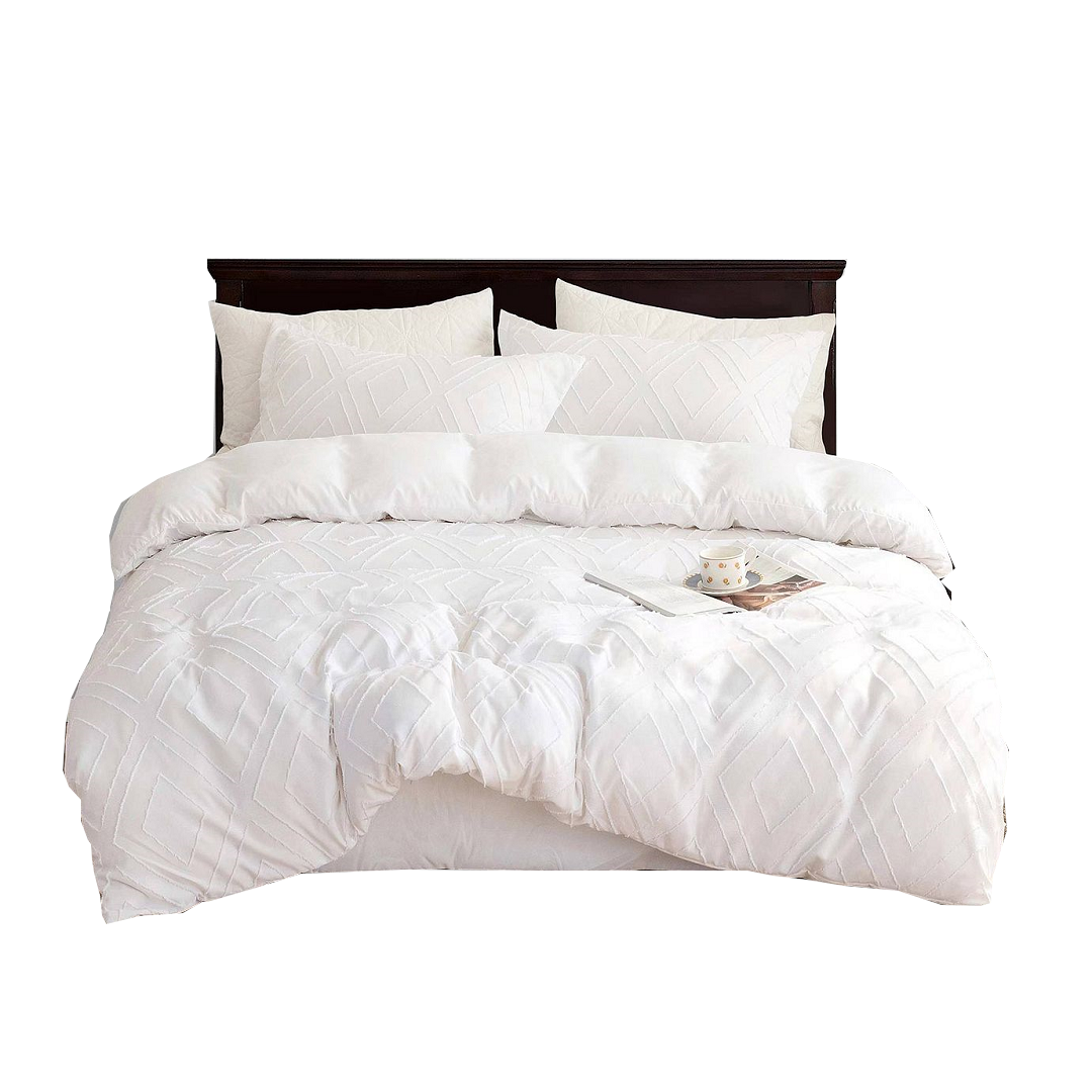 Tufted Diamond Jacquard White Duvet Quilt Cover Set