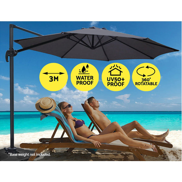 Patio Umbrellas Instahut Outdoor Umbrella 3M Roma Cantilever Beach Furniture Garden 360 Degree Charcoal