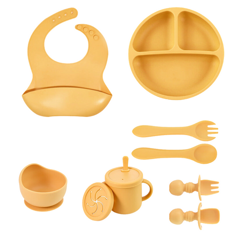 Baby Utensils Yellow 8 Piece Silicone Children's Tableware Set Bpa Free Baby Feeding Utensils With Fork Spoon Cup Bowl And Bibs