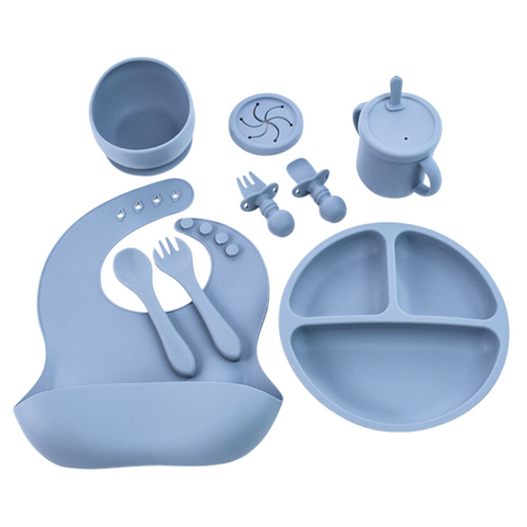 Baby Utensils Blue 8 Piece Silicone Children's Tableware Set Bpa Free Baby Feeding Utensils With Fork Spoon Cup Bowl And Bibs