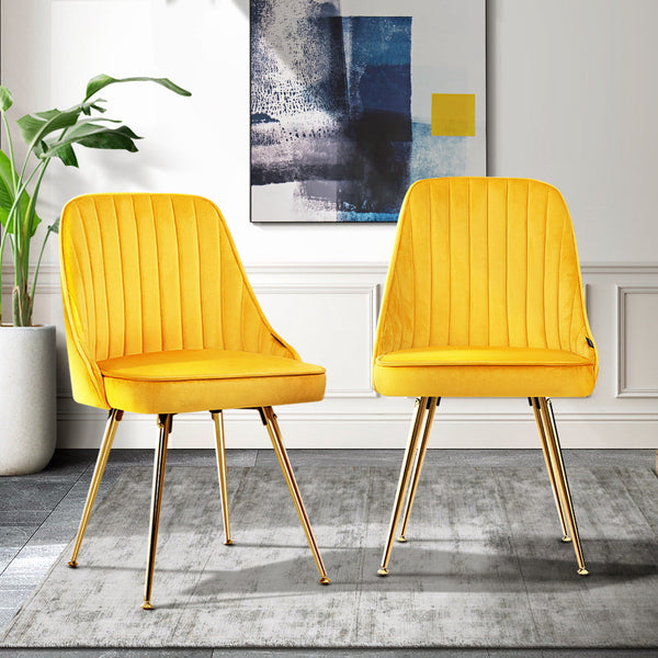 Dining Chairs Artiss Set Of 2 Retro Cafe Kitchen Modern Metal Legs Velvet Yellow