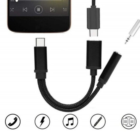 Usb Adapter 2 In 1 Type C To 3.5Mm Audio Jack Charger Headphone Cable Black