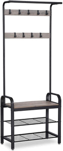 Coat & Hat Racks Greige And Black Steel Freestanding Coat Rack Stand With Removable Hooks, Bench Shoe Rack, Height 183 Cm