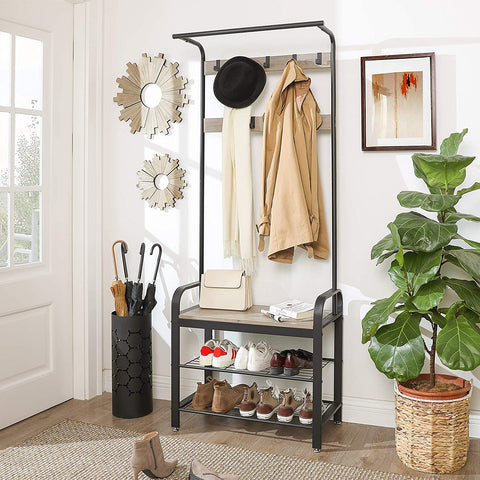 Greige And Black Steel Freestanding Coat Rack Stand With Removable Hooks, Bench Shoe Rack, Height 183 Cm
