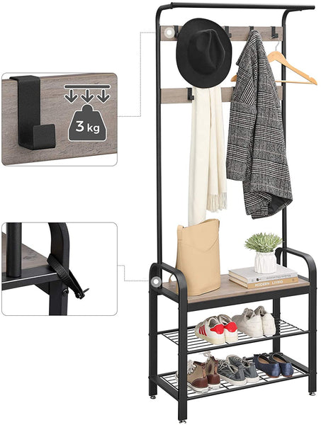 Coat & Hat Racks Greige And Black Steel Freestanding Coat Rack Stand With Removable Hooks, Bench Shoe Rack, Height 183 Cm