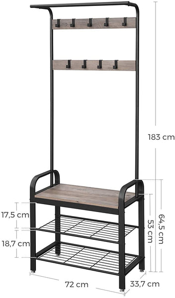 Coat & Hat Racks Greige And Black Steel Freestanding Coat Rack Stand With Removable Hooks, Bench Shoe Rack, Height 183 Cm