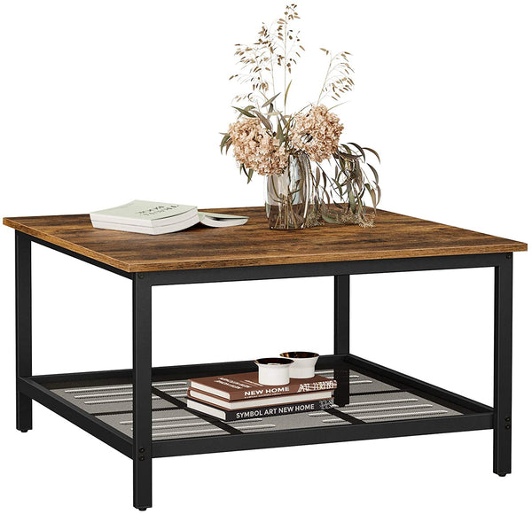 Coffee Tables Robust Coffee Table Steel Frame And Mesh Storage Shelf, Rustic Brown Black