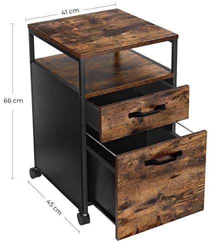 Ink Cartridges File Cabinet With 2 Drawers, Wheels And Open Compartment Rustic Brown Black