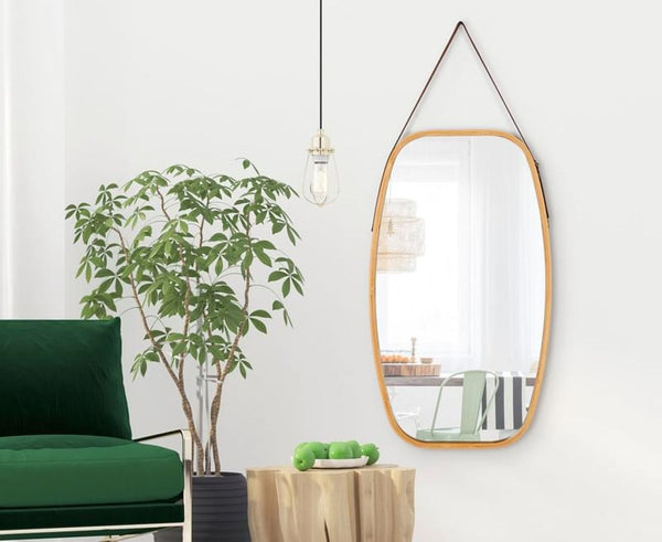 Mirrors Hanging Full Length Wall Mirror Solid Bamboo Frame And Adjustable Leather Strap For Bathroom Bedroom