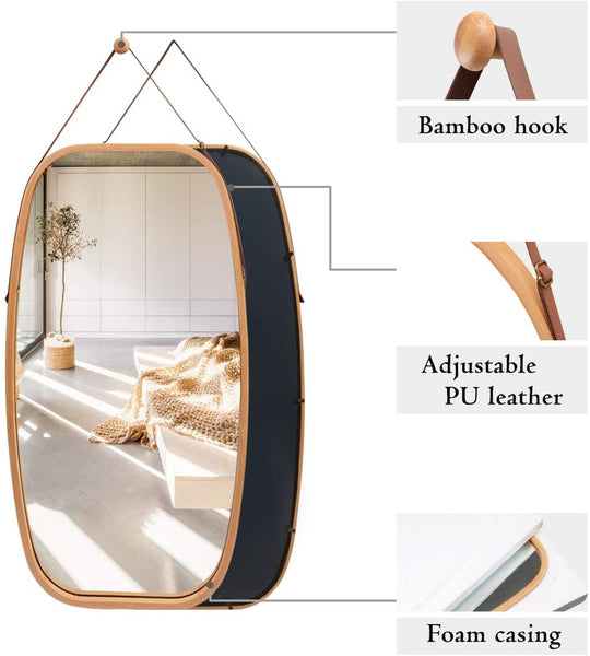 Mirrors Hanging Full Length Wall Mirror Solid Bamboo Frame And Adjustable Leather Strap For Bathroom Bedroom