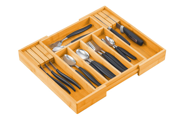 Drawer Organisers Large Capacity Bamboo Expandable Drawer Organizer With Knife Block Holder For Home Kitchen Utensils