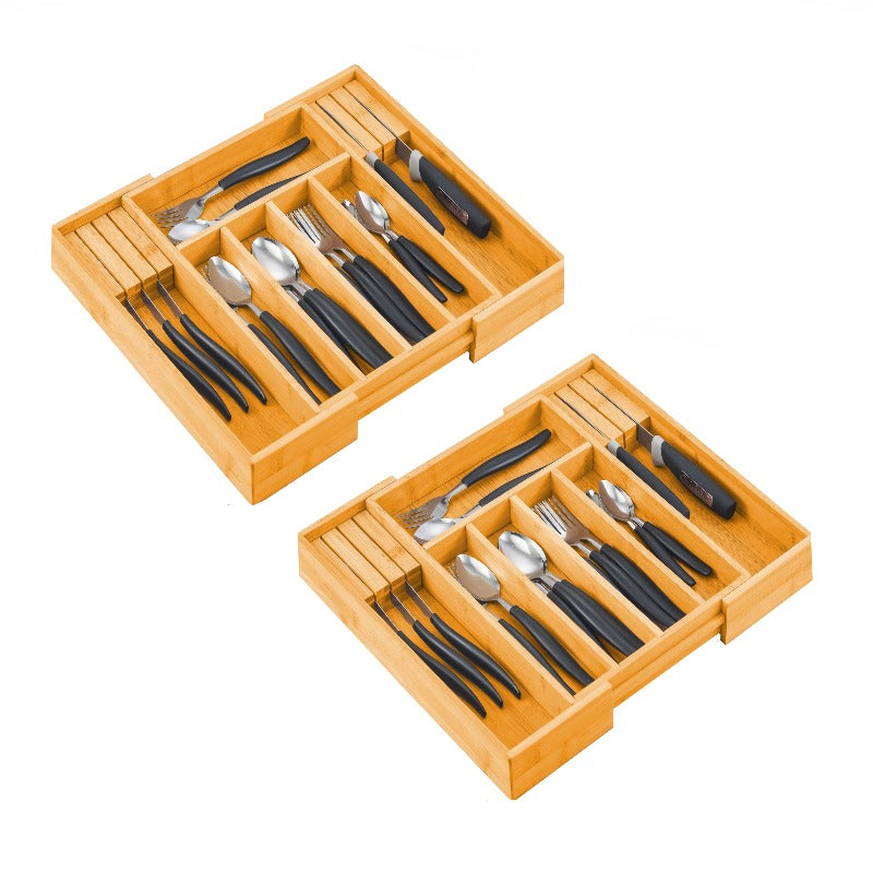 Kitchen Carts 2 Pack Large Capacity Bamboo Expandable Drawer Organizer With Knife Block Holder For Home Kitchen Utensils