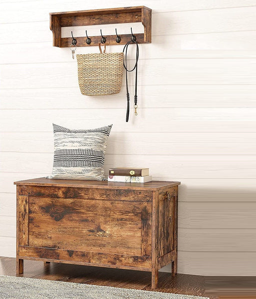 Wooden Sturdy Entryway Storage Bench With Safety Hinge