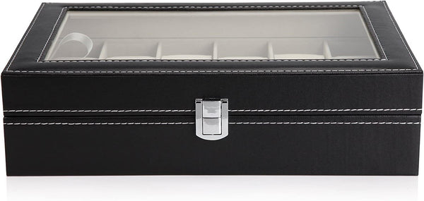 Toner Cartridges Black Pu Leather Watch Organizer Display Storage Box Cases For Men & Women (12 Slots)