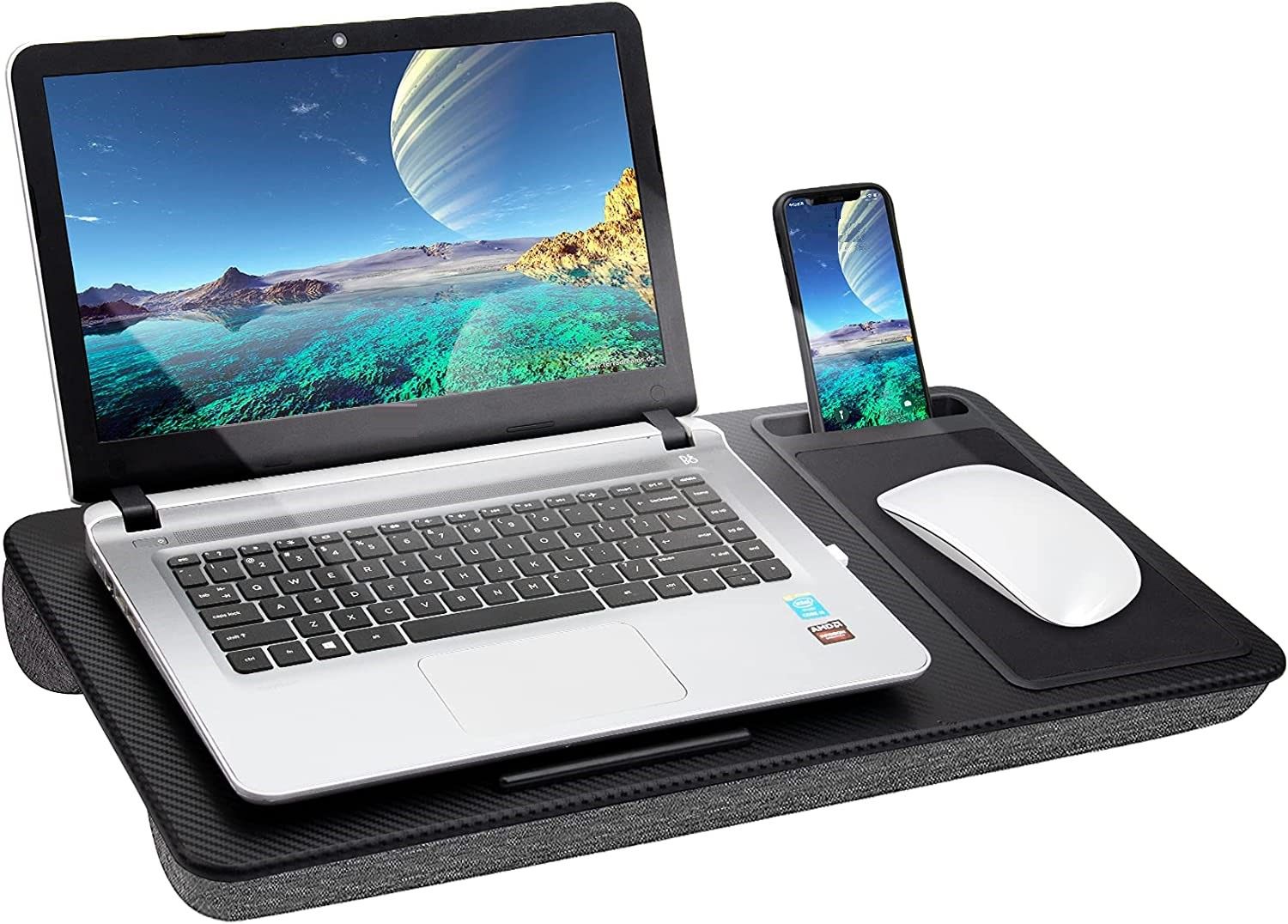 Portable Laptop Desk With Device Ledge, Mouse Pad And Phone Holder For Home Office (Black, 40Cm)