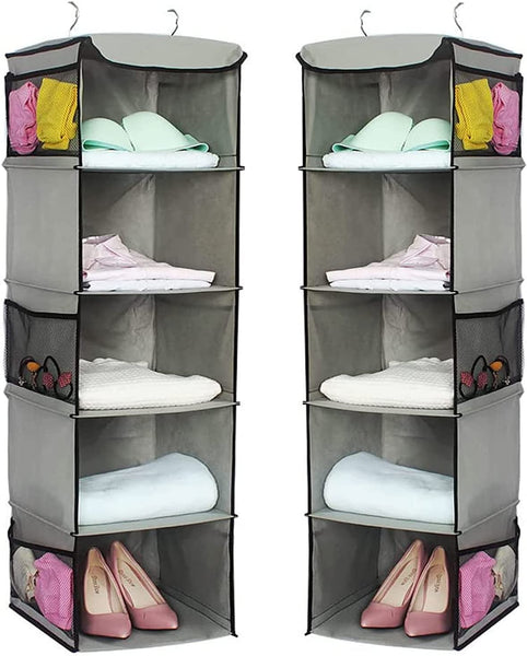 Closet Organisers 2 Pack 5 Foldable Shelf Hanging Closet Organizer Space Saver With Side Accessories Pockets For Clothes Storage