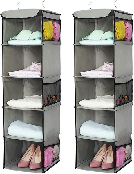 Closet Organisers 2 Pack 5 Foldable Shelf Hanging Closet Organizer Space Saver With Side Accessories Pockets For Clothes Storage