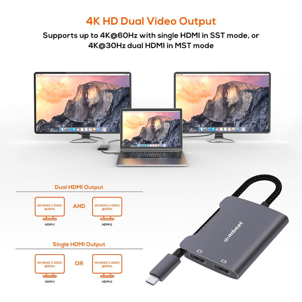 Monitor/AV Cables & Adapters Mbeat Tough Link Usb C Dual 4K Hdmi Adapter Space Grey