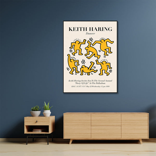 Wall Art 70Cmx100cm Keith Haring Dancer Yellow Black Frame Canvas