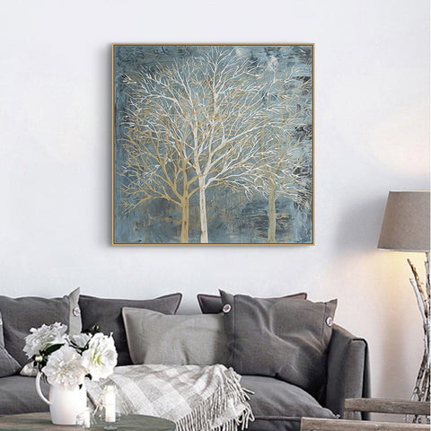 80Cmx80cm Forest In The Twilight Trees Gold Frame Canvas Wall Art