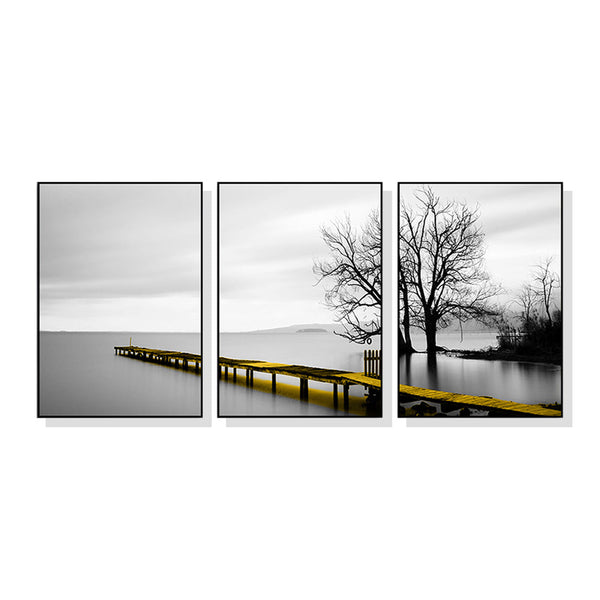 Posters & Prints Wall Art 60Cmx90cm Calm Lake Bridge Tree Scene 3 Sets Black Frame Canvas