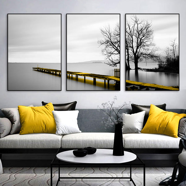 Posters & Prints Wall Art 60Cmx90cm Calm Lake Bridge Tree Scene 3 Sets Black Frame Canvas