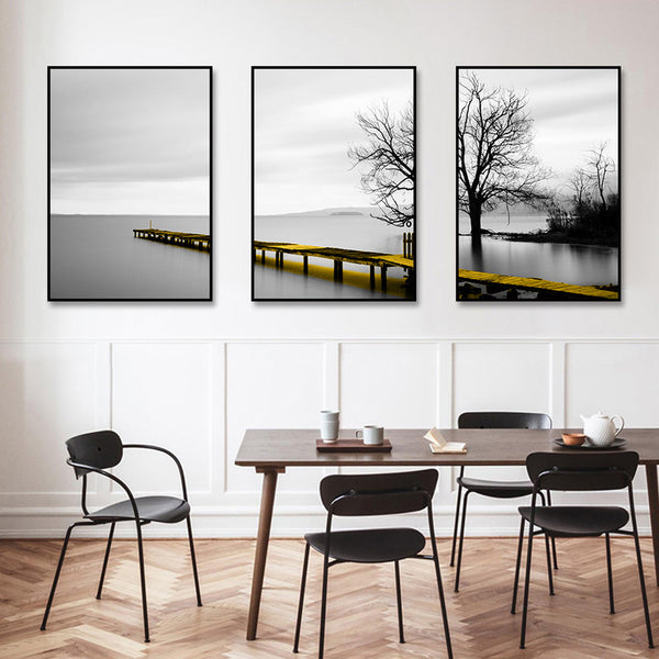 Posters & Prints Wall Art 60Cmx90cm Calm Lake Bridge Tree Scene 3 Sets Black Frame Canvas