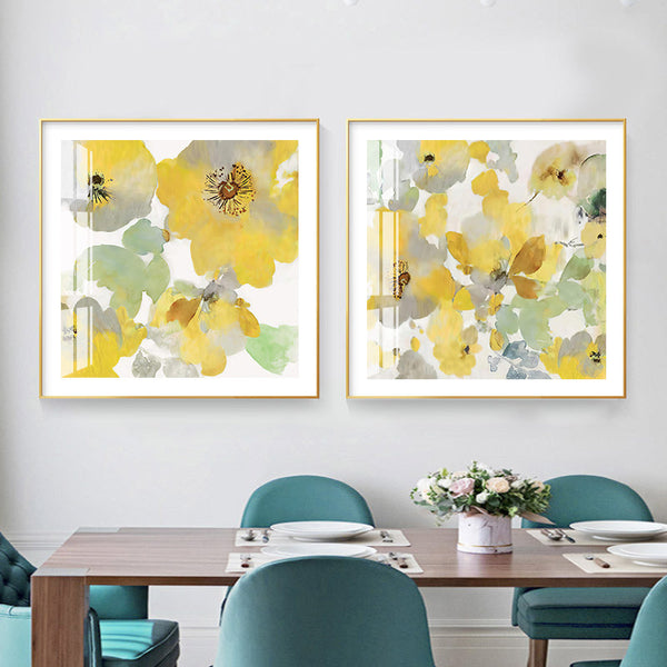 Posters & Prints Wall Art 60Cmx60cm Yellow Flowers American Style 2 Sets Gold Frame Canvas