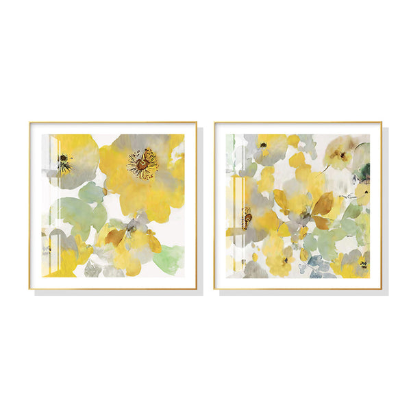 Posters & Prints Wall Art 70Cmx70cm Yellow Flowers American Style 2 Sets Gold Frame Canvas