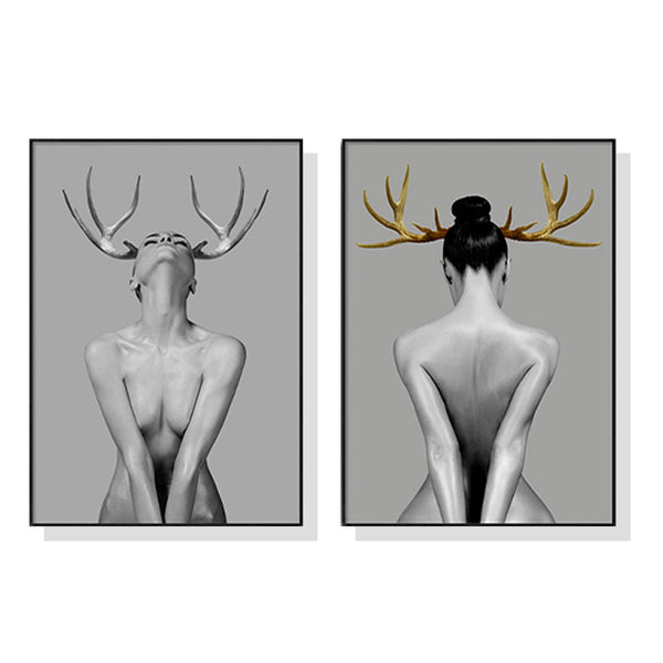 Wall Art 60Cmx90cm Girl With Gold Horn 2 Sets Black Frame Canvas