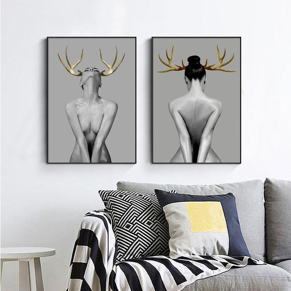 Posters & Prints Wall Art 70Cmx100cm Girl With Gold Horn 2 Sets Black Frame Canvas